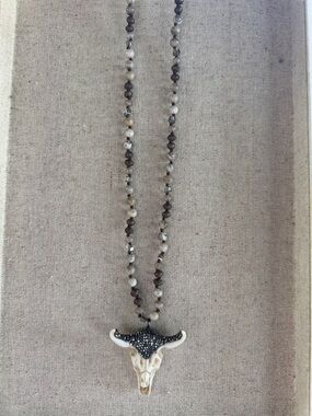 Beaded Neutral-Tone Long Necklace with Horn Pendant 34 inches